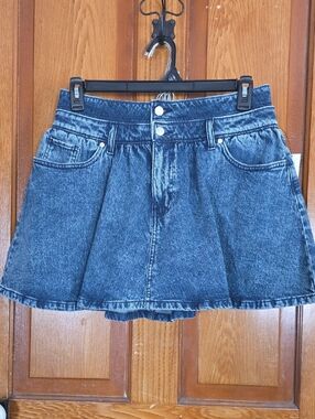 High-Waist Washed Blue Denim Skater Skirt